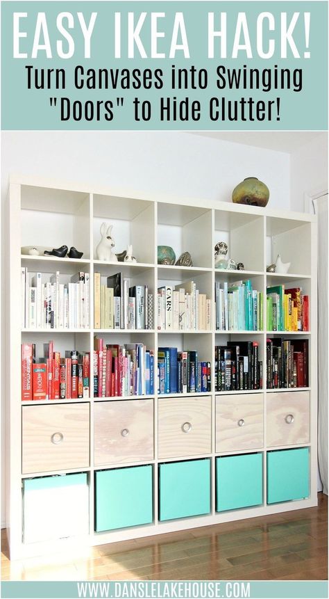 Hide Clutter on Shelves with this Easy IKEA Hack for Expedit Bookcases (or ANY Bookcase). Turn Canvases into Inexpensive Swinging "Doors" for Way Less Money Than IKEA Baskets. Use it to Hide Toys, Hide Ugly Books or Binders - and Make Them Bigger or Smaller to Fit Any Bookcase or Shelving Unit!  #ikeahack #ikea #expedit #diyhomedecor Ikea Expedit Hack, Expedit Hack, Modern Closet Doors, Hide Clutter, Ikea Basket, Hiding Ugly, Ikea Expedit, Easy Ikea Hack, Ikea Hack Ideas