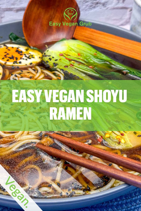 An easy vegan recipe for shoyu ramen noodles. A rich flavoursome broth made from a seaweed and shiitake mushroom dashi, served with blanched pak choi, and topped with crispy onions, sesame seeds, lime juice and chilli oil. Easy Ramen Broth, Shoyu Ramen Recipe, Ramen Broth, Easy Ramen, Healthy Vegan Dinner Recipes, Shoyu Ramen, Recipes Chili, Give Yourself Time, Ramen Recipe