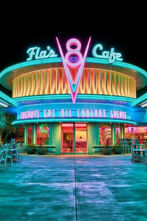 flo's v8 cafe - cars land Vintage Roller Rink Aesthetic, Flo’s V8 Cafe, Diner Aesthetic, Cars 2006, Blue Cafe, Vintage Auto's, Radiator Springs, Wallpaper Retro, Cars Land