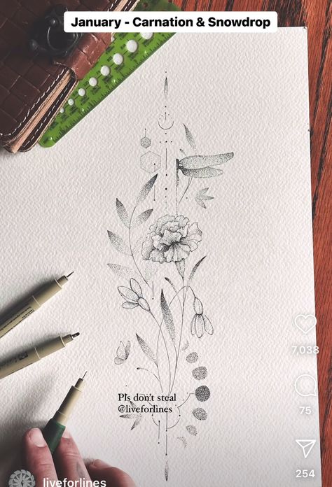 January Birth Flower Fine Line Tattoo, Flower Tattoos November, Carnation And Snow Drop Flower Tattoo, Birthflower January Tattoo, January Tattoo Ideas, January Flower Tattoo, December Flower Tattoo, January Tattoo, January Birth Flower Tattoo