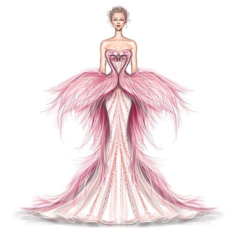 Flamingo gown Flamingo Fashion, Fashion Model Sketch, Fashion Illustration Tutorial, Anna Pavlova, Fashion Figure Drawing, Dress Illustration, Fashion Illustration Sketches Dresses, Fashion Design Collection, Fashion Sketches Dresses