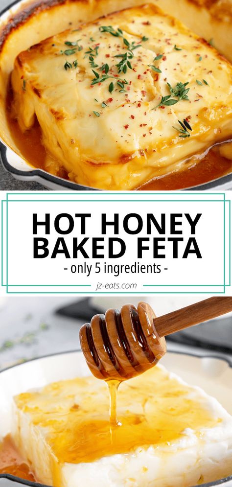 Hot Honey Baked Feta (5 Ingredients!) Baked Feta Honey, Appetizer Recipes Fall Party, Hot Honey Cheese Board, Hot Honey And Goat Cheese, Cheese With Honey Appetizers, Honey With Cheese, Baked Feta With Honey And Thyme, Honey Inspired Appetizers, Feta Cheese Charcuterie Board