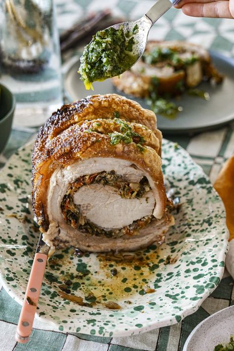 Stuffed Porchetta, Porchetta Roast, Porchetta Recipe, Roasted Pork Belly Recipe, Pork Roulade, Porchetta Recipes, Roast Pork Belly, Rolled Roast, Stuffing Ingredients