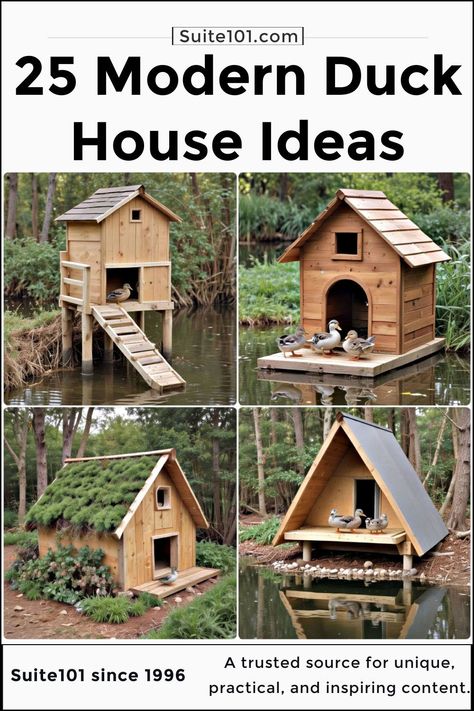 25 Duck House Ideas and Plans for Your Flock Nesting Boxes For Ducks, Duck House Ideas Diy, How To Make A Duck Pond, Goose House Ideas, Duck House Ideas Backyards, Geese House Ideas, Duck Waterer No Mess, Pallet Duck House, Goose Coop