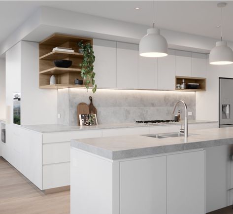 Grey Benchtop Kitchen White Cupboards, Dark Benchtop Kitchen, White And Timber Kitchen Modern, White Kitchen Grey Benchtop, White Kitchen Worktop Ideas, Modern Australian Kitchen, Grey Benchtop Kitchen, White And Wood Kitchen Modern, Coastal Kitchens Australia