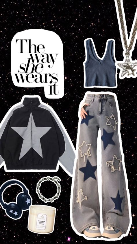 Stars, candle, star headphones, cute silver bracelet, star jean pants, blue top, star jacket Blue Stars Aesthetic, Star Outfit, Stars Aesthetic, Aesthetic Star, Aesthetic Cute, Blue Stars, Cute Outfit, Blue Star, Cute Outfits