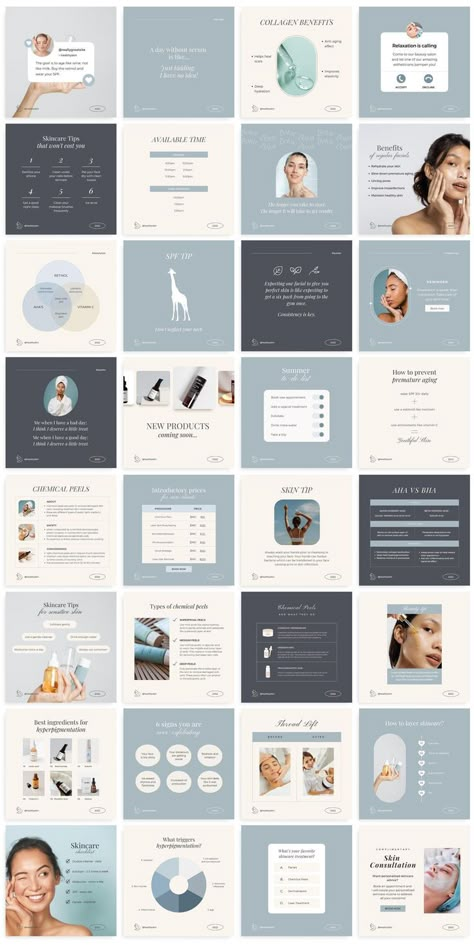 A beautiful collection of Skincare Instagram posts and Esthetician templates. These Instagram esthetician posts are easily editable in Canva and will save you a lot of time! A pack of esthetician social media templates includes funny esthetician quotes, esthetician marketing ideas, skincare quotes and facts, and many more. Create a cohesive Instagram feed with these Canva skincare templates. You will find more Instagram beauty templates and skincare social media content in my Etsy shop. Medical Instagram Template, Skin Care Template Instagram, Esthetician Graphic Design, Medical Spa Instagram Post, Esthetics Instagram Feed, Dermatologist Instagram Feed, Marketing Ideas For Skincare, Skincare Instagram Post Ideas, Aesthetician Social Media