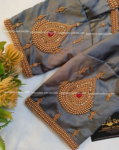 Aari Hand Sleeves Design For Blouse, Beads Work Aari Design, Aari Patch Work Blouse Designs, Aari Work For Sleeves, Golden Colour Aari Work Blouse, Aari Work Beads Design, Copper Bead Aari Work Blouse, Aari Blouse Hand Design, Aari Work Nath Design On Blouse