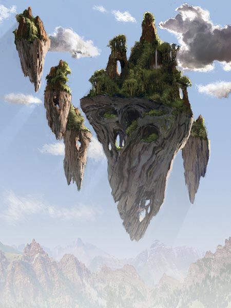 Floating Building Art, Plane Of Air Dnd, Flying Island Drawing, Flying Island Art, Floating Islands Minecraft, Minecraft Skyblock Island Ideas, Floating Island Minecraft, Earth Concept Art, Minecraft Floating Island