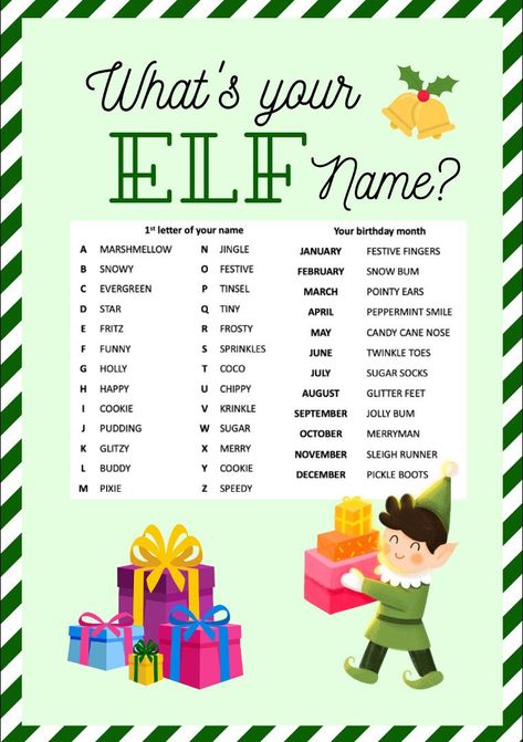 Elf Birthday Party Games, Whats Your Elf Name Free Printable, What Is Your Elf Name Free Printable, Elf Party Games, What’s Your Name, Elf Themed Party, Elf Party Ideas, What Is Your Elf Name, Christmas Elf Name Generator