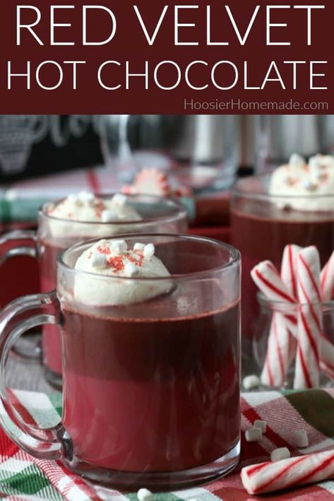 Christmas Drink Recipes, Hot Chocolate Desserts, Red Velvet Hot Chocolate, Hot Chocolate Ingredients, Hot Chocolate Stirrers, Christmas Drinks Recipes, Hot Chocolate Marshmallows, Eggnog Recipe, Whip Cream