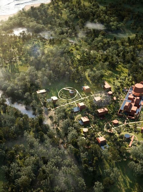 This time, we create a 3D concept and renderings for a gated community village in the untouched territory of the island of Bali. High quality and photorealistic exterior visualization from point of human and aerial views. #architecture #visualization #cgi #rendering #exterior #render #3d #3dsmax #architecturalvisialization #coronarenderer #noncommercial Aerial View Architecture, Chim Bay, Rendering Styles, Plan Render, Community Village, Exterior Render, 3d Concept, Architecture Rendering, Visitor Center