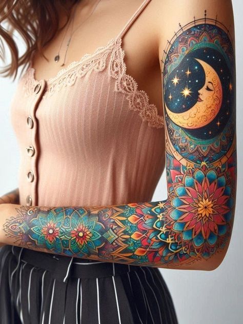 Henna Sleeve Tattoo Designs, Small Tattoos Woman, Mandala Tattoo Color, Big Tattoo Cover Up Ideas, Hairstyles Front View, Constellations Map, Curly Wedding Hairstyles, Tato Mandala, Tattoos Woman