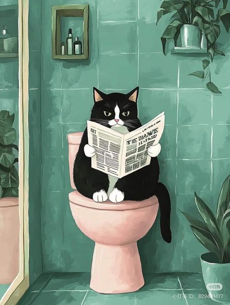 Cat On Toilet, Sitting On Toilet, Toilet Drawing, Newspaper Painting, Toilet Pictures, Black Cat Sitting, Picture Wall Decor, Reading Newspaper, Funny Bathroom Art