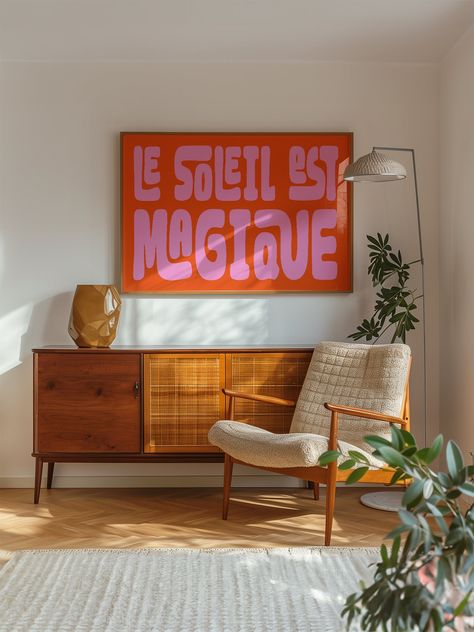 This Le Soleil Est Magique offers a magical summer vibe with its beautiful choice of 3 designs. The bold typography and boho aesthetic add will add a retro touch to any space. Let the sun shine in with this stunning print. Summer Retro Aesthetic, Colorful Home Aesthetic, Retro Apartment Decor, Summer Aesthetics, Designer Aesthetic, House Vibes, Slay Queen, Corner Shop, Living Room Prints