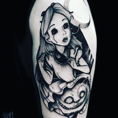 Tim Burton Tattoo, Alice And Wonderland Tattoos, Black Art Tattoo, Wonderland Tattoo, Theme Tattoo, Inspiration Tattoos, Creepy Tattoos, Halloween Tattoo, Gothic Tattoo