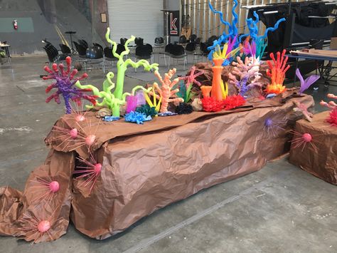 Diy Coral Reef, Coral Reef Craft, Vbs Ocean Theme, Diy Coral, Submerged Vbs, Ocean Vbs, Under The Sea Decorations, Wooden Skewers, Story Birthday