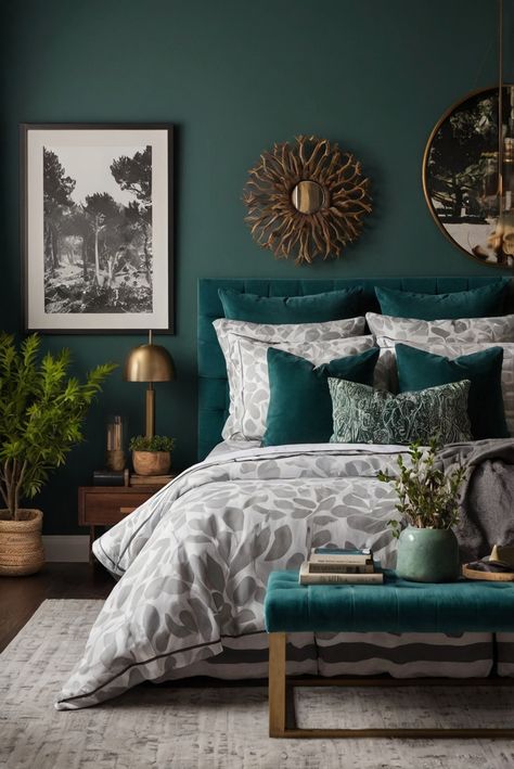 modern bedroom decor, traditional bedroom decor, bedroom interior design, bedroom decor ideas Teal Modern Bedroom, Modern Traditional Bedroom Decor, Dark Turquoise Bedding, Blue And Green Bedroom Ideas, Bluegreen Bed, Dark Teal Bedroom Wallpaper, Teal Gray Bedroom, Modern Vs Traditional, Teal Bedroom Designs