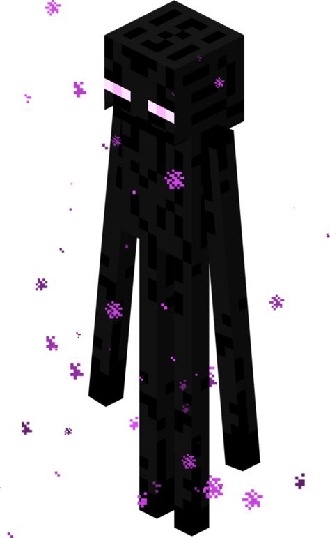 [view] • [talk] Endermen are neutral 3-block tall mobs that live in The End and spawn in huge numbers. They are extraterrestrial creatures that occasionally teleport to the Overworld, but are rare in comparison to other mobs. Their two iconic abilities are the ability to pick up blocks and place them elsewhere, and their ability to teleport. When teleporting, an Enderman will leave a faint trail of purple particles leading to where it teleported to. Endermen are also a parody of Slenderman..... Slenderman Minecraft, Purple Particles, Minecraft Creatures, Minecraft Png, Minecraft Costumes, Minecraft Enderman, Mine Minecraft, Minecraft Images, Creeper Minecraft