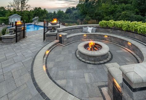 Unilock paver pool deck with coping | Unilock Deck Outdoor Kitchen, Fire Pit Seating Ideas, Outdoor Kitchen And Bar, Paver Fire Pit, Concrete Pool Deck, Bar Island, Fire Pit Seating Area, Patio Pavers Design, Outdoor Patio Designs