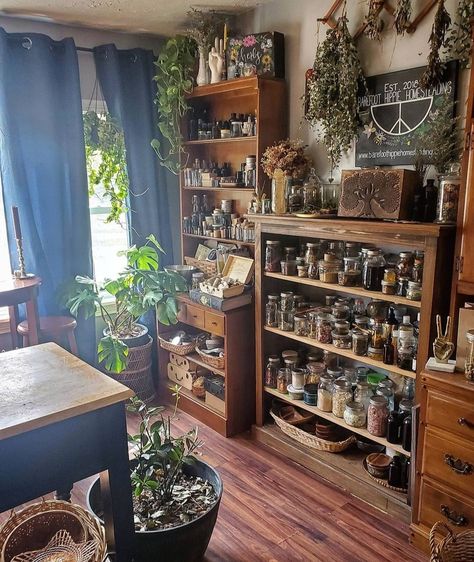 Herbology Aesthetic Room, Witch Craft Room Decor, Herbalist Home Aesthetic, Witchy Pantry Ideas, Witchy Work Desk, Apothecary House Decor, Oversized Home Decor, Goblincore House Interior, Witch Aesthetic House Decor