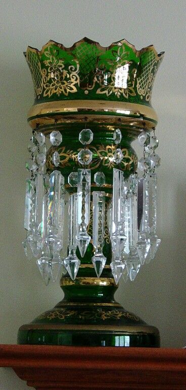 Green Bohemian Lustre with Two Rows of Prisms Green Mantle, Vintage Crystal Lamp, Vintage Crystal Table Lamps, Victorian Candles, Chandelier Candle Holder, Acrylic Chandelier, Bohemia Glass, Crystal Wind Chimes, Vintage Green Glass Hanging Lamp