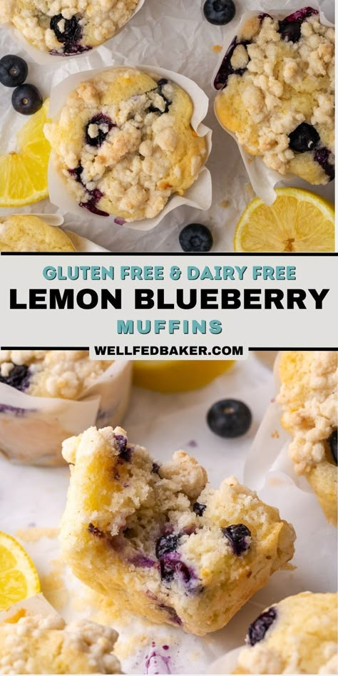 These gluten free and dairy free muffins are filled with lemon flavor and fresh blueberries and topped with a crunchy lemon streusel. They are the perfect summer treat for breakfast! Gluten Free Lemon Blueberry Muffins, Dairy Free Blueberry Muffins, Blueberries Muffins, Lemon Blueberry Muffins Recipe, Dairy Free Muffins, Gluten Free Blueberry Muffins, Blueberry Muffins Recipe, Berry Muffins, Lemon Blueberry Muffins