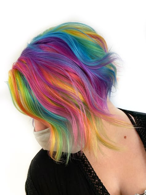 Short Prism Hair, Short Hair Vibrant Color Ideas, Pastel Rainbow Hair Short, Rainbow Pixie Hair, Rainbow Short Hair, Rockstar Hair, Short Rainbow Hair, Pride Hair, Pastel Rainbow Hair