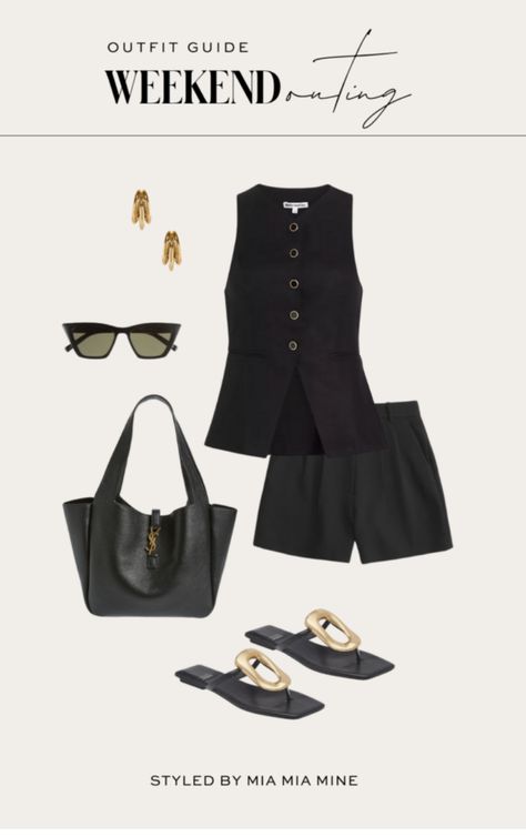 Tailored Pants Outfit Summer, Black Linen Shorts Outfit, Paris Attire, Chic All Black Outfit, Summer Weekend Outfit, Black Shorts Outfit, Styled Outfits, Tailored Vest, Holiday Clothes