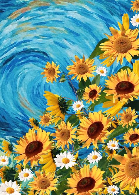 one of my favorite pieces i've created inspired by my favorite artist, vincent van gogh. this piece is a mashup i made with inspo from starry night & sunflowers.  prints and merch are available on my website! (i'm definitely going to get this on a t shirt!)  follow me on IG @naomiamberdawn for more collage artwork :-) Starry Night Wallpaper, Night Wallpaper, Van Gogh Sunflowers, Van Gogh, Starry Night, Iphone Wallpaper, Iphone, Van, Water