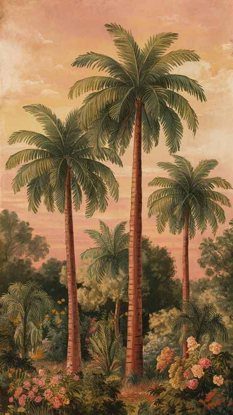 Vintage Palm Tree Illustration, Edwardian Mansion, Palm Tree Wallpaper, Neon Palm Tree, Vintage Palm Tree, California Palm Trees, Palm Trees Wallpaper, Peacock Wall Art, Palm Tree Sunset