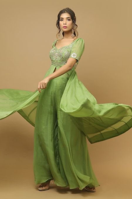 Buy Green Organza Embroidery Moti Sweetheart Neck Anarkali And Palazzo Set For Women by Ahi Clothing Online at Aza Fashions. Mehendi Wedding, Indian Dresses Anarkali, Wedding Sharara, Gota Embroidery, Green Anarkali, Lehenga Designs Simple, Parrot Green, Embroidered Anarkali, Anarkali Dress Pattern