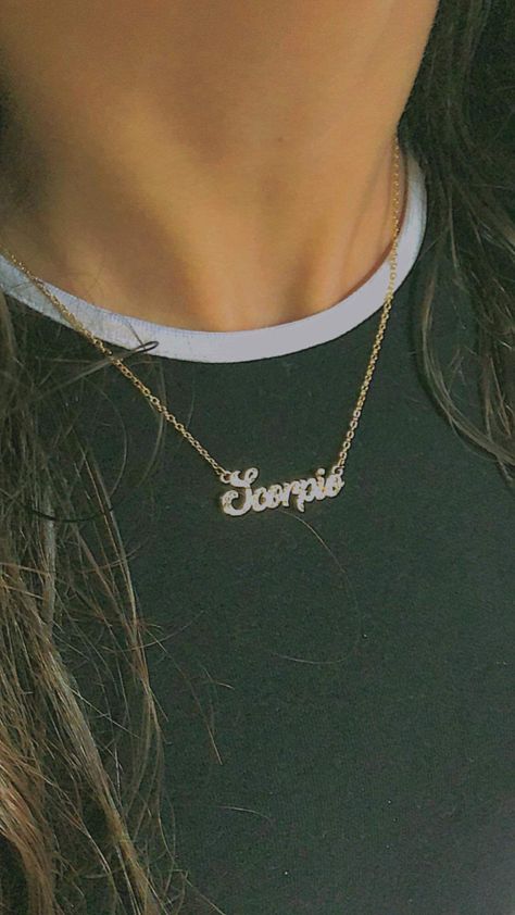 Zodiac Necklace Aesthetic, Scorpio Accessories, Name Necklace Aesthetic, Necklace Aesthetic Gold, Official Clothes, Scorpio Aesthetic, Scorpio Jewelry, Scorpio Necklace, Necklace Aesthetic