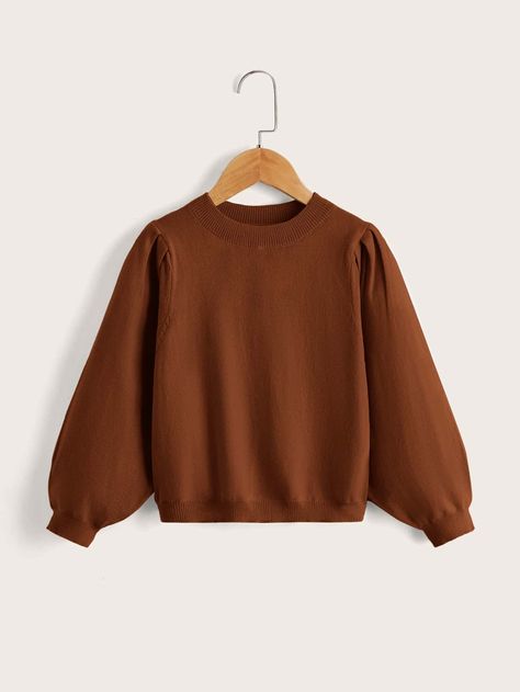 Rust Brown Casual  Long Sleeve Polyester Plain Pullovers  Medium Stretch Spring/Fall Toddler Girls Clothing Baggy Shirt, Lantern Sleeve Sweater, Toddler Fall, Lantern Sleeve, Toddler Girl Outfits, Girls Sweaters, Fall Shirts, Lantern Sleeves, Girls Clothing