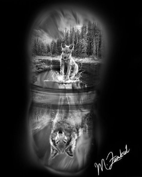 Animal Reflection Tattoo, Wolf Father And Son Tattoo, Wolf Family Tattoos For Men, Tattoo For Men Wolf, Realistic Wolf Tattoo Design, Jungle Tattoo Ideas, Mirror Tattoo Design, Half Sleeve Tattoos Wolf, Wolf Tattoos For Men