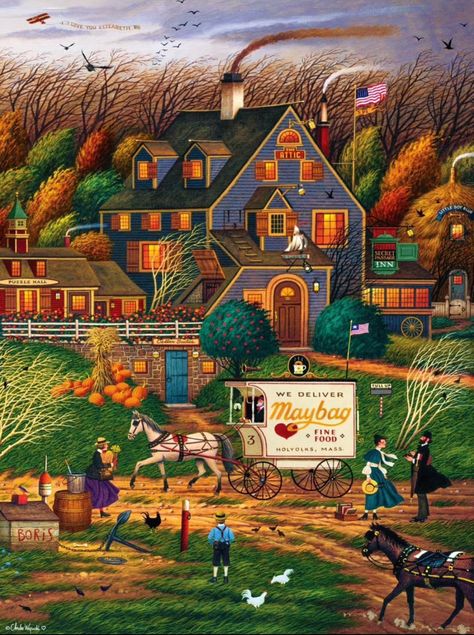 Nostalgia Painting, Puzzle Aesthetic, Puzzle Night, Pumpkin Magic, Cozy Core, Secret Passage, Charles Wysocki, Buffalo Games, Orange Dream