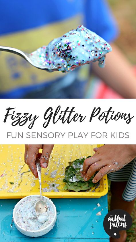 Fizzy glitter potions have the potential to keep your kids happily engaged for hours. Seriously. All you need is baking soda, vinegar, color, and glitter for this fun sensory play activity! Potion Making Eyfs, Potion Lab, Potions For Kids, Potion Play, Happily Engaged, Artful Parent, Summer Preschool Crafts, Art Recipes, Potions Recipes