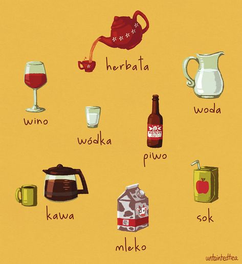 Drinks in Polish! I wanted to make it look like a kid’s language learning worksheet/poster. They’re easy words, anyway. food | fruits | vegetables Learning Polish Language, Polish Language Learn, Learning Polish, Slavic Languages, Poland Language, Verb Practice, Learn Polish, Bullet Journal Work, Polish Words