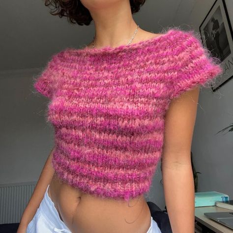 Fashion Knitting Patterns, Open Back Knit Top, Fuzzy Top Outfit, Fuzzy Crochet Top, Loupy Studio, Handmade Knit, Fuzzy Crochet Projects, Open Back Crochet Top, Fuzzy Yarn Crochet