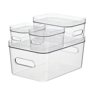 Enjoy free shipping on all purchases over $75 and free in-store pickup on the Clear Compact Plastic Bins 4-Pack with Clear Lids at The Container Store. This modular storage bin set can help organize so many spaces in the office or at home. With four separate plastic boxes and fitted lids, it's a perfect solution for sorting supplies on a desk, organizing a coffee break area, or keeping things neat in a craft room or pantry. Stack securely to maximize space, or set out as open catchalls while ... Vegetable Cellar, Break Area, Desk Organizing, Stackable Plastic Storage Bins, Stacking Bins, Stackable Bins, Small Bathroom Organization, Pantry Organizers, Clear Storage