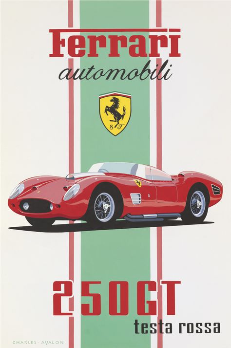 PEL215: '1960 Ferrari 250 GT Testa Rossa' by Charles Avalon - Vintage car posters - Art Deco - Pullman Editions - Ferrari 1960 Ferrari, French Posters, Ferrari Italia, Cars Poster, Xe Ducati, Classic Posters, Vintage Racing Poster, Aryton Senna, Ferrari Poster