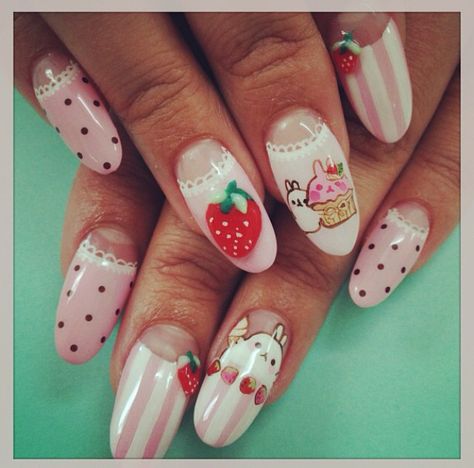 Strawberries & Molang Nail Art Cashmere Nails, Simple Kawaii Nails, Tacky Nails, Learn Nail Art, Food Nail Art, Cutesy Nails, Cute Nails Ideas, Kawaii Nail Art, Bday Nails