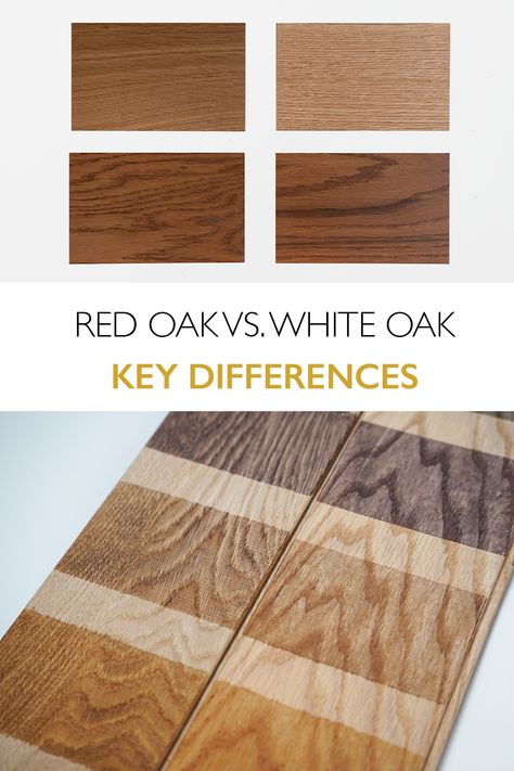 At first glance, red oak gives off a slightly rosy hue and has a more pronounced grain pattern, especially when left unstained, whereas white oak has a slightly grayish tone and a more subtle grain pattern.  With the right stain color, you’ll be surprised to see the differences between the two are nearly indistinguishable. Stain Colors On Red Oak, Stain Colors On White Oak, Red Oak Hardwood Floors Colors, Red Oak Vs White Oak Floors, Light Stained Red Oak Floors, Stains For White Oak Floors, White Oak Vs Red Oak Hardwood Floors, Stains For Red Oak Floors, Make Red Oak Look Like White Oak