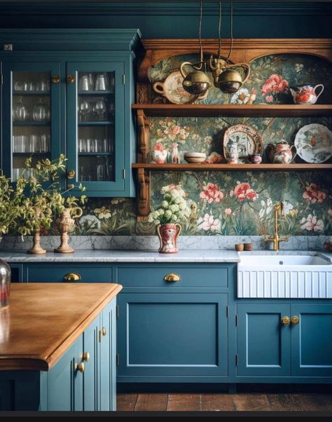 Elsie De Wolfe, Victorian Kitchen, Boho Kitchen, Kitchen Wallpaper, Bespoke Kitchens, Blue Kitchens, Kitchen Redo, Kitchen On A Budget, Cottage Kitchen