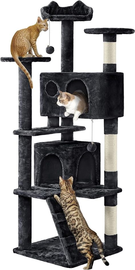 Amazon.com : Yaheetech 62in Cat Tree Cat Tower for Indoor Cats, Cat Furniture w/Double Cat Condo, Scratching Posts, Multiple Platforms and Balls for Kittens & Cats, Black : Pet Supplies Large Cat Tree, Cat Tree Condo, Cat Activity, World Cat, Cat Scratchers, Cat Stands, Indoor Cats, Lazy Cat, Cat Condo