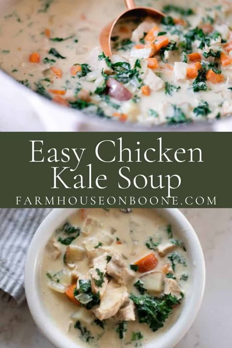 If you are looking for a healthy meal, this chicken kale soup is calling your name. A simple recipe with basic ingredients is packed full of flavor from the onions, garlic, and chicken broth. It's the ultimate comfort food -- without any guilt! #farmhouseonboone #chickenkalesoup #chickensoup #souprn Kale Soup With Chicken, Chicken Kale Soup Instant Pot, Chicken Soup With Kale Recipes, Crockpot Chicken Kale Soup, Chicken Potato Kale Soup, Chicken Kale Crockpot Recipes, Soup With Kale And Chicken, Chicken With Kale Recipes, Creamy Chicken Kale Soup