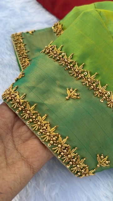 Green Zardosi Work Blouse, Green Aari Work Blouse Design, Green Blouse Maggam Work Designs, Simple Thread Work Blouse Designs, Simple Aari Work Blouse Design, Green Blouse Designs, Modern Blouse, Netted Blouse Designs, Aari Design