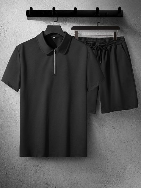 Black Casual Collar Short Sleeve  Plain  Embellished Slight Stretch  Men Co-ords Night Dress For Men, Night Dress For Man, Goa Wear, Suit Set For Men, Summer Wear For Men, Mens Night Suit, Mens Cords, Lounge Wear Set, Zip Polo