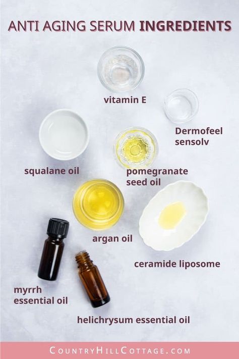 See how to make the best DIY anti-aging face serum recipe! The facial serum for aging skin fights wrinkles and stimulates collagen. Made with organic argan, vitamin E, antioxidants, ceramide, and essential oils. The homemade face serum is great for healthy anti-aging skincare routine for 30s, 40s, 50s, and 60s (night and day). Apply the natural beauty product to face, eyes, neck and body. Many skincare benefits for women and men. With tips for packaging and when to use. | CountryHillCottage.com Homemade Face Serum, Scrub Packaging, Diy Anti Aging Serum, Natural Wrinkle Remedies, Face Serum Recipe, Serum Recipe, Face Diy, Helichrysum Essential Oil, Myrrh Essential Oil