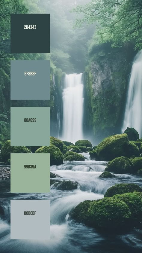 Colors:
2D4343
6F8B8F
88A699
99B39A
B0BCBF Rocky Cliff, Rushing Water, Green Branding, Waterfall Landscape, Hex Color Palette, House Color Palettes, Color Schemes Colour Palettes, Nature Color Palette, Brand Color Palette